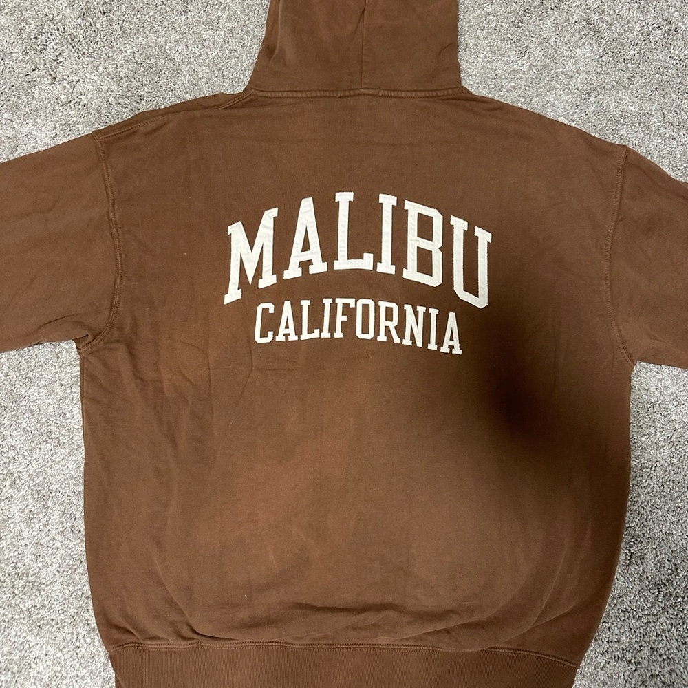 Brandy Melville Brown/White Appliquéd Malibu Hoodie Sweatshirt Size OS, Fits XL